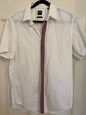BOSS White Short-Sleeve Button-Down Shirt with Red and Navy Stripe